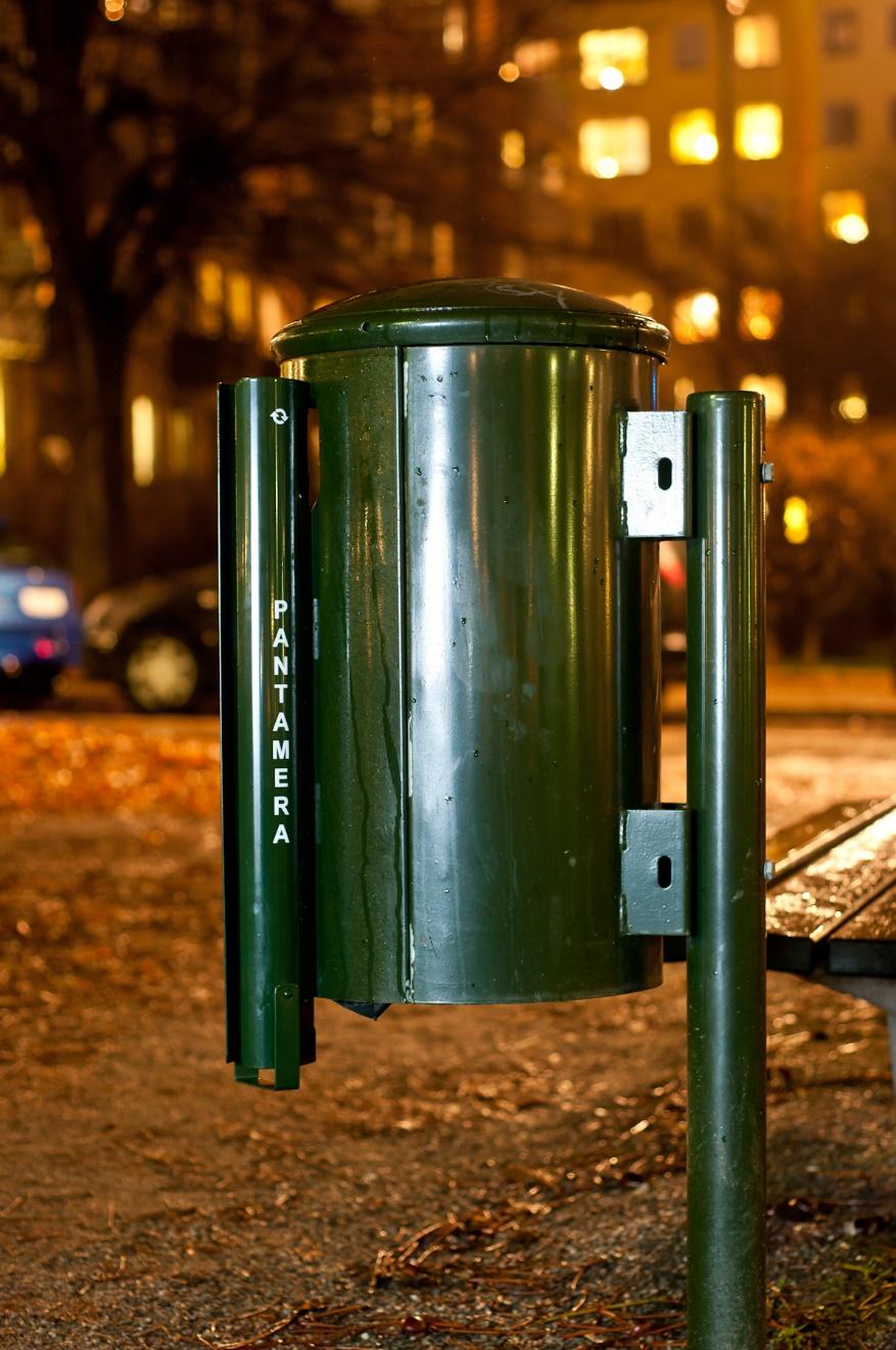 The Börje recycling pipe can easily be mounted on or next to virtually any type of trash can in public places.